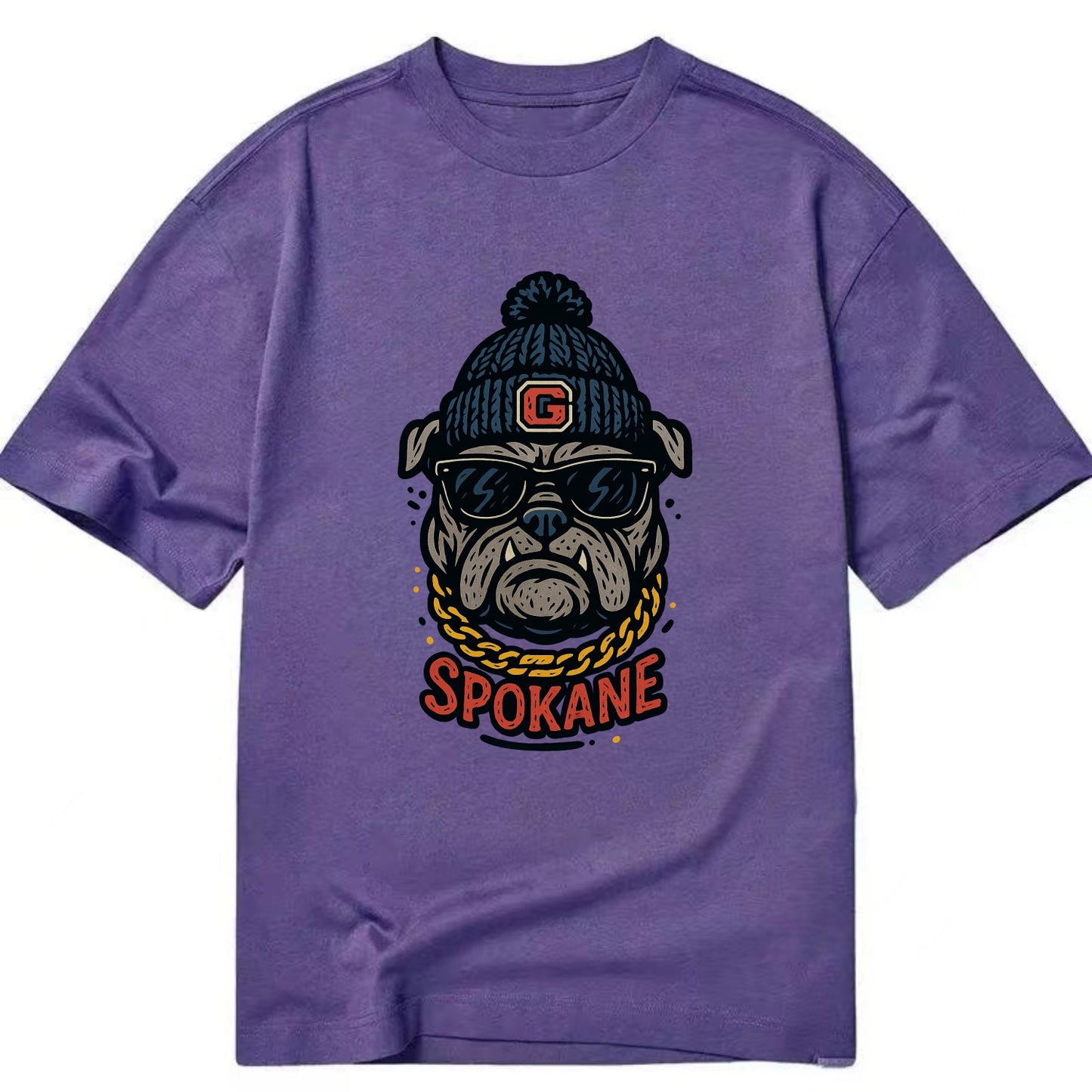Spokane Bulldog wearing Gonzaga beanie with G patch - Classic T-shirt - Purple