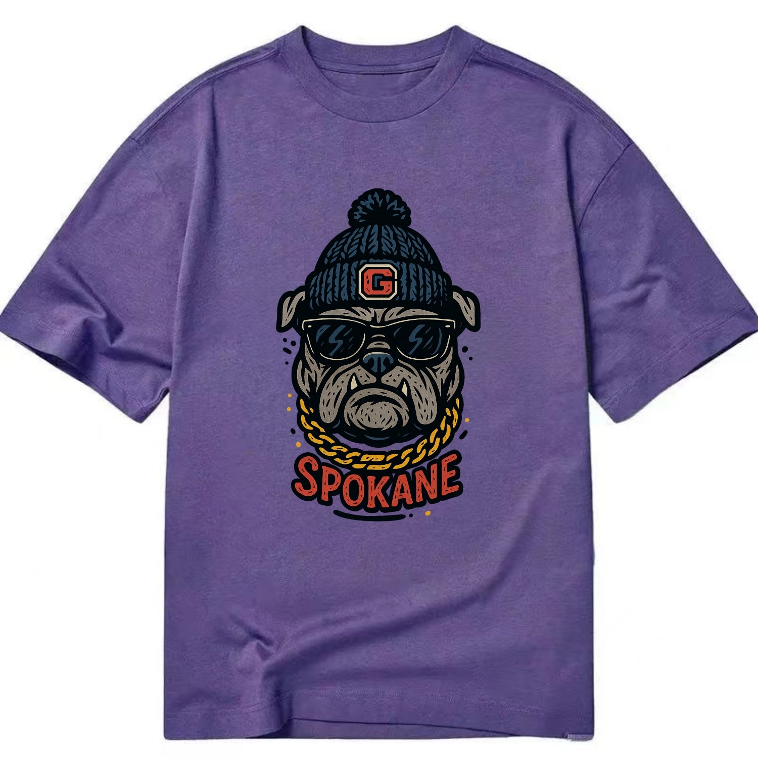 Spokane Bulldog wearing Gonzaga beanie with G patch - Classic T-shirt - Purple