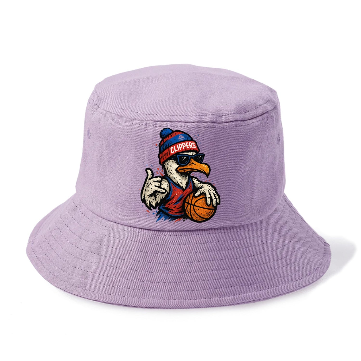 LA Seagull wearing Clippers red white and blue beanie with ship patch and wayfarer - Bucket Hat - Purple