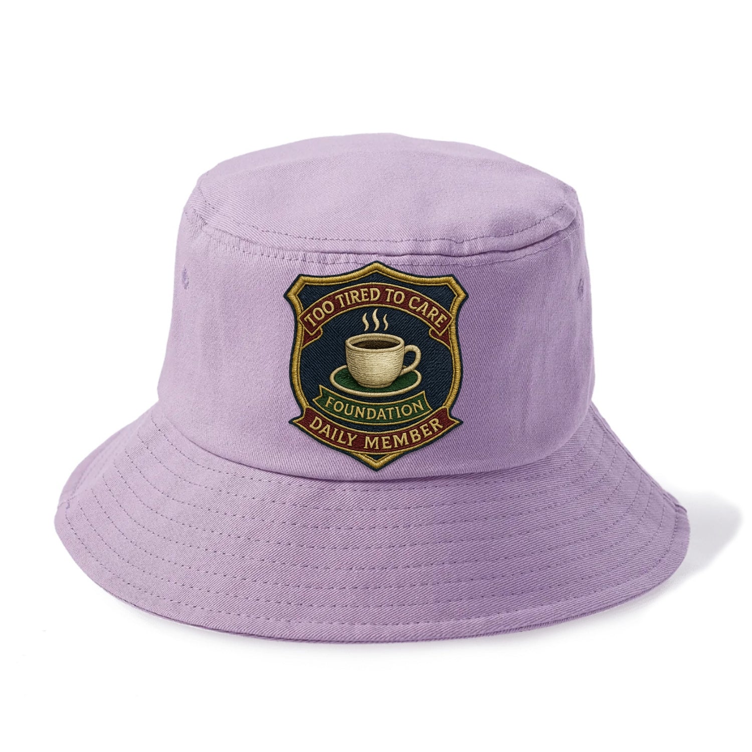 Crest with coffee cup - "Too Tired To Care Foundation - Daily Member" - exhausted - Bucket Hat - Purple
