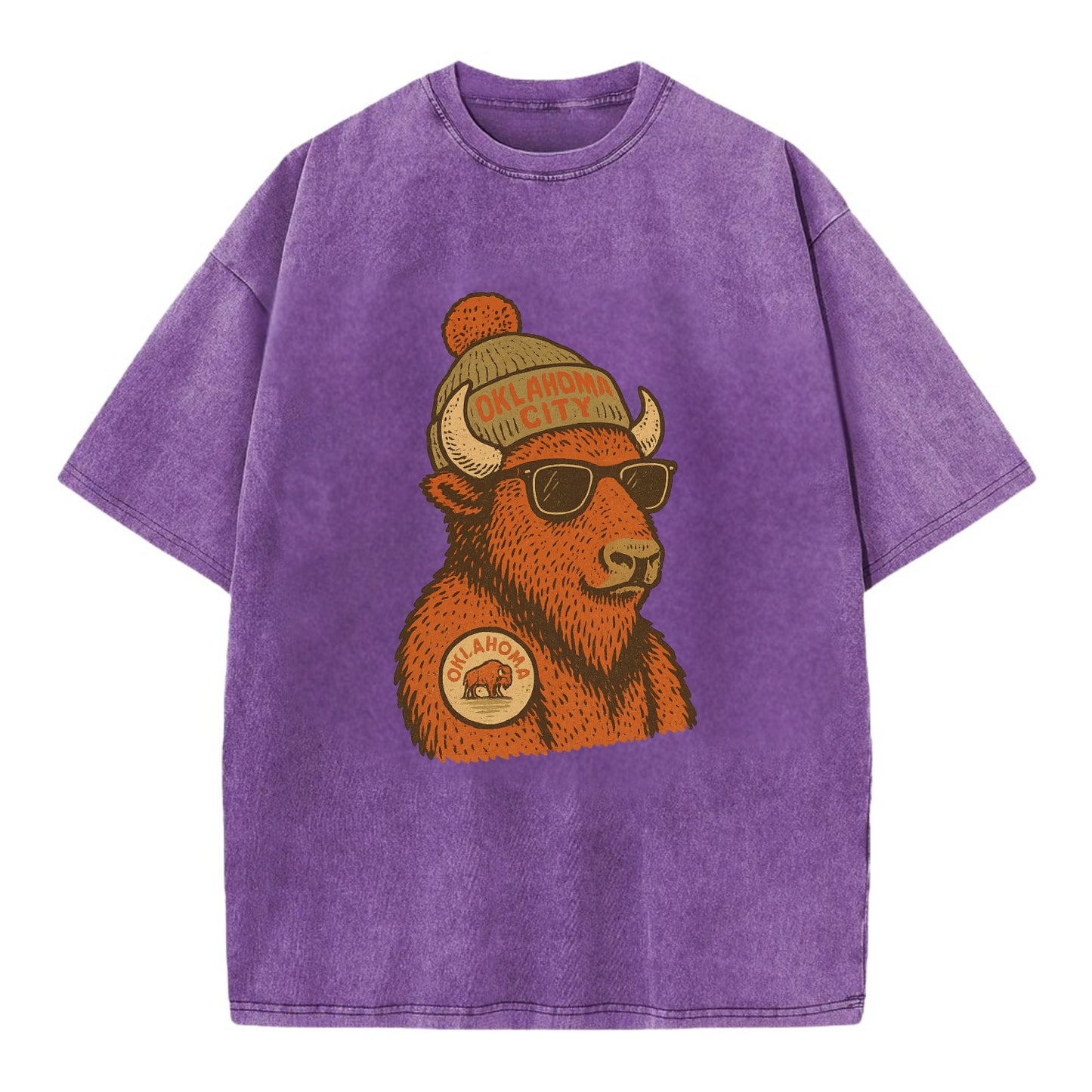 Oklahoma Buffalo wearing Oklahoma City beanie with pom pom and wayfarer sunglasses - Vintage T-shirt - Purple