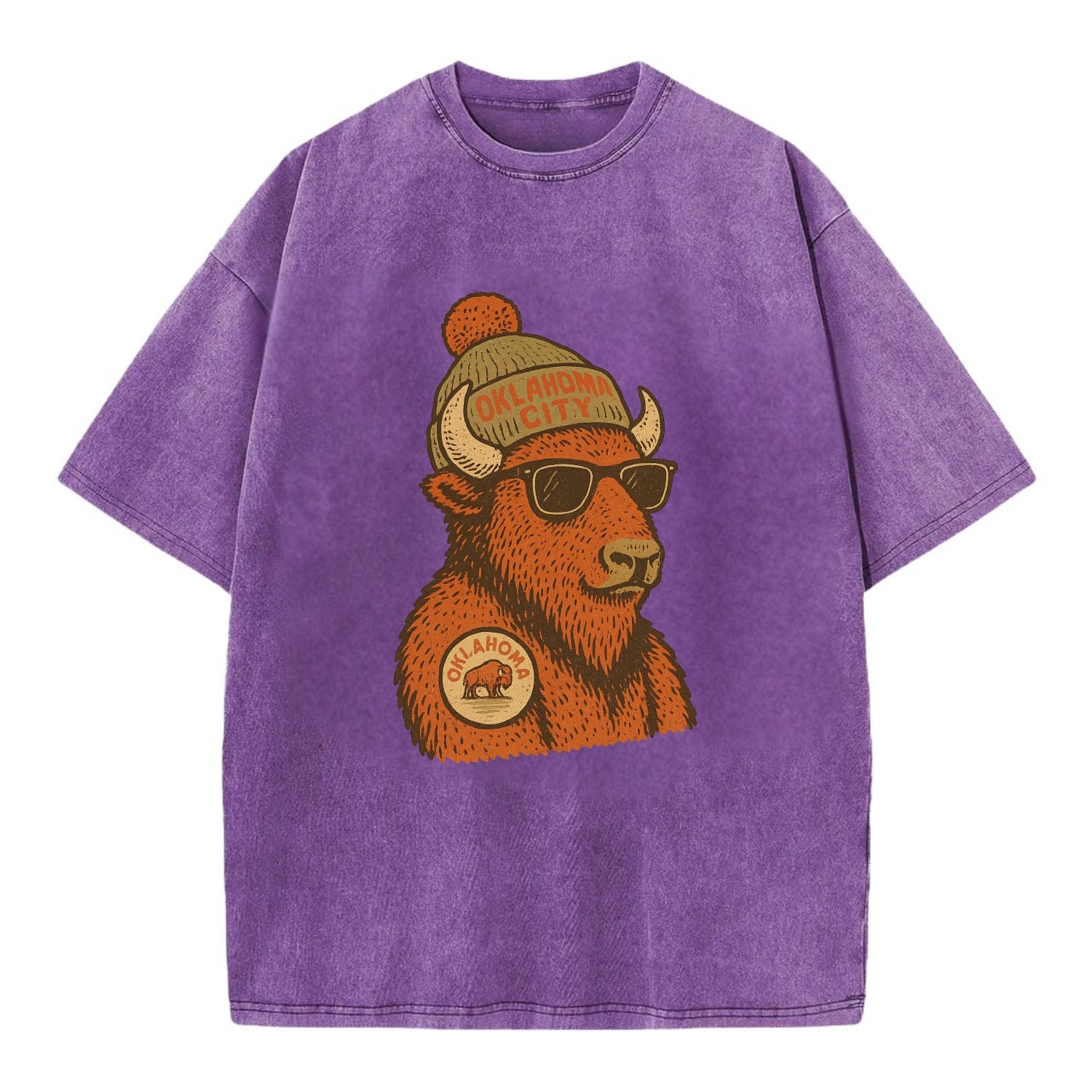 Oklahoma Buffalo wearing Oklahoma City beanie with pom pom and wayfarer sunglasses - Vintage T-shirt - Purple