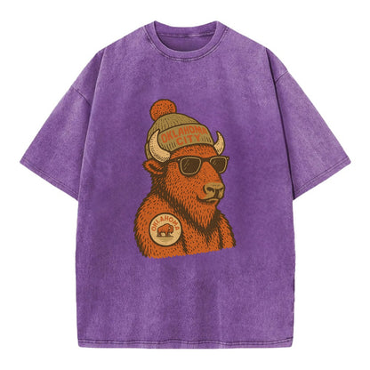 Oklahoma Buffalo wearing Oklahoma City beanie with pom pom and wayfarer sunglasses - Vintage T-shirt - Purple