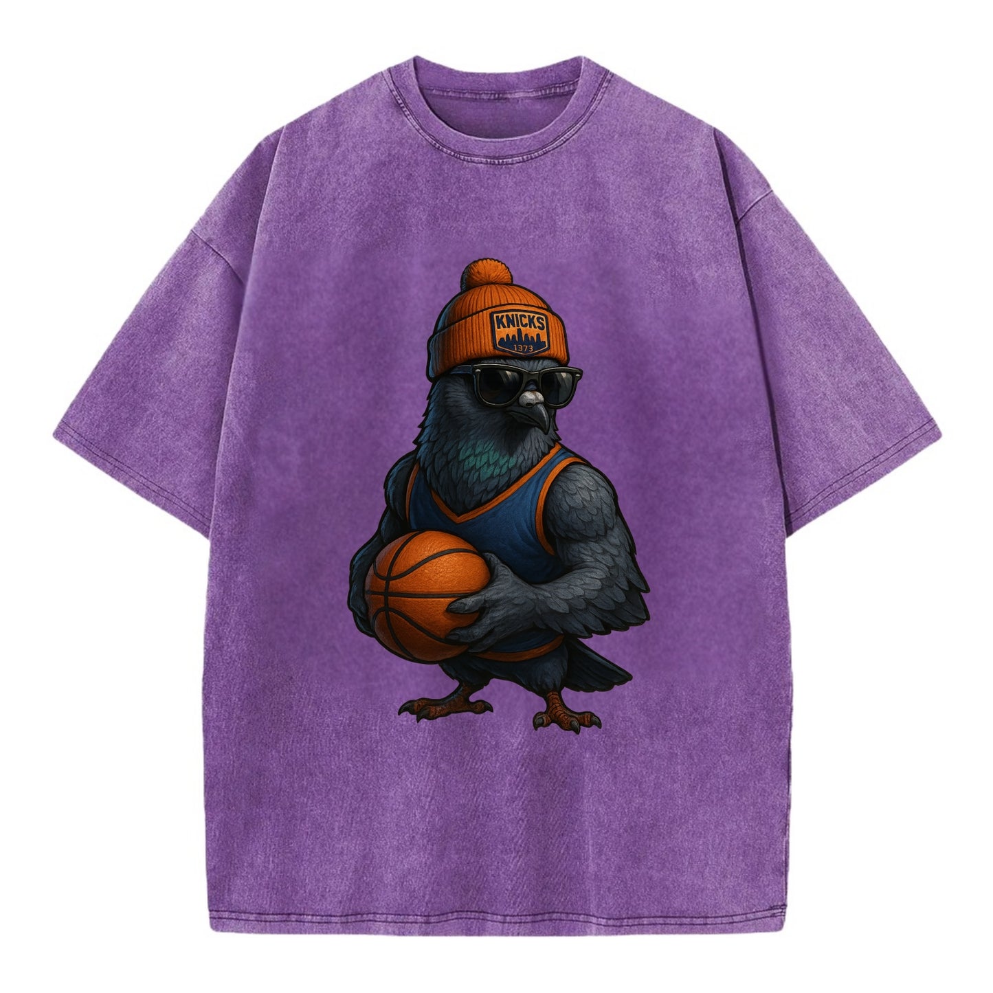 Manhattan Pigeon wearing Knicks beanie with skyline patch and wayfarer sunglasses - Vintage T-shirt - Purple