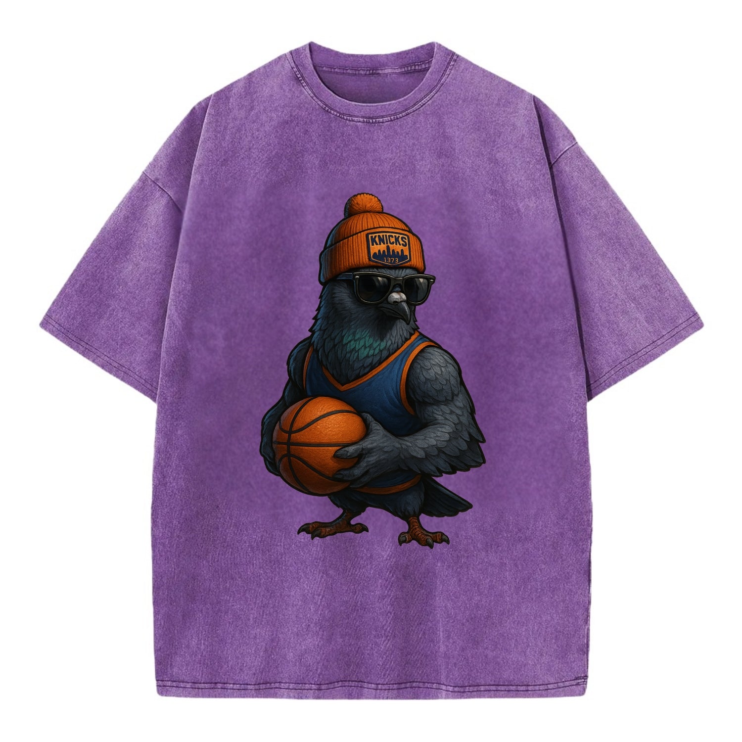Manhattan Pigeon wearing Knicks beanie with skyline patch and wayfarer sunglasses - Vintage T-shirt - Purple