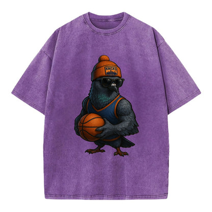 Manhattan Pigeon wearing Knicks beanie with skyline patch and wayfarer sunglasses - Vintage T-shirt - Purple