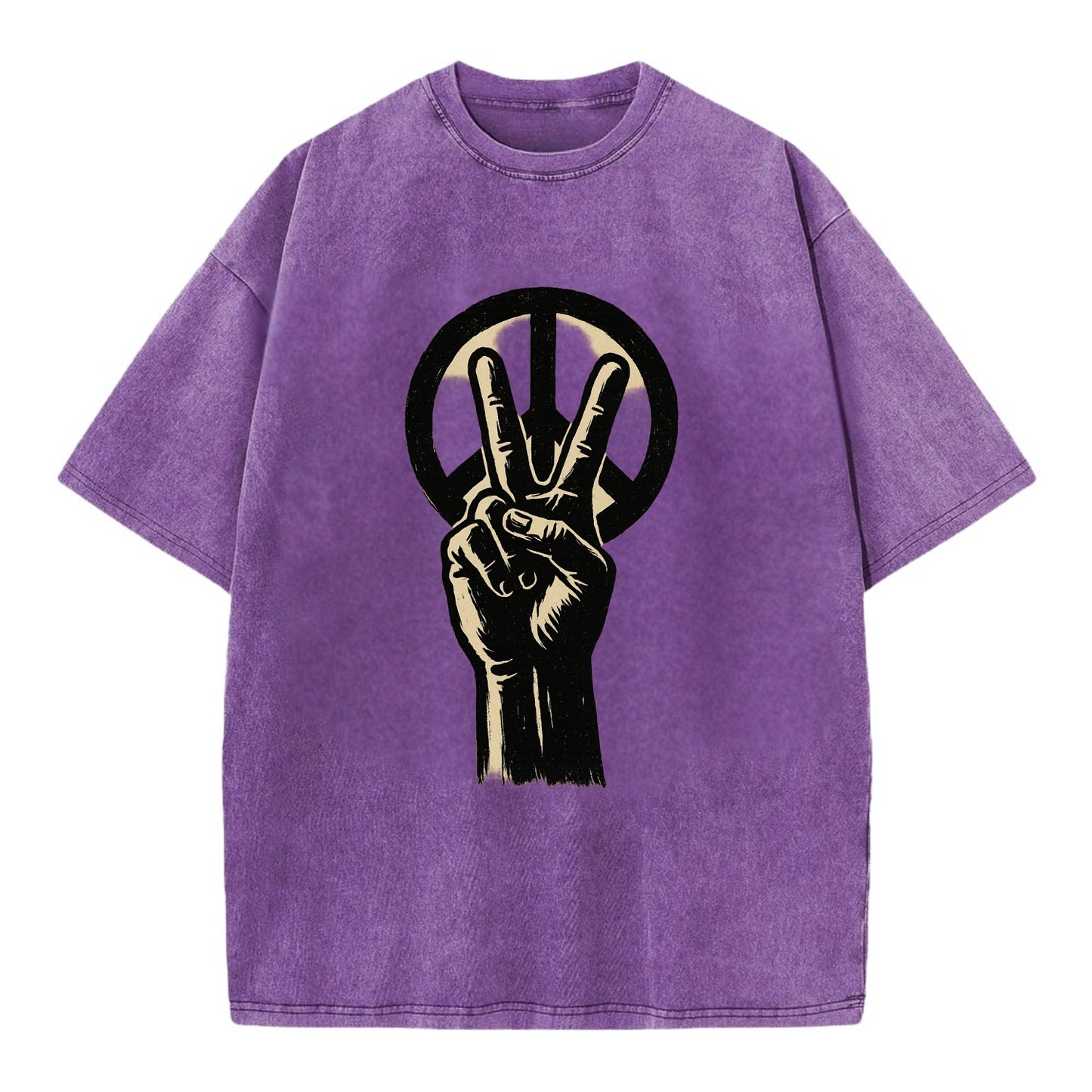 Peace sign hand gesture - anti-war movement ink brushstrokes - Vintage T-shirt - Purple