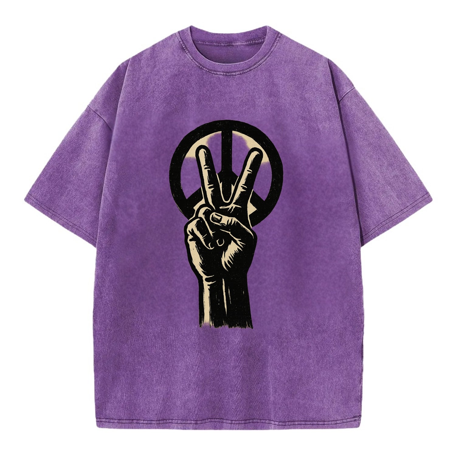 Peace sign hand gesture - anti-war movement ink brushstrokes - Vintage T-shirt - Purple