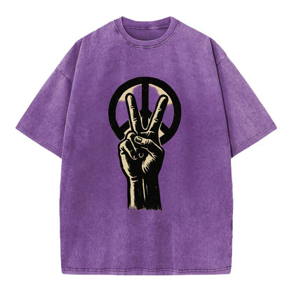 Peace sign hand gesture - anti-war movement ink brushstrokes - Vintage T-shirt - Purple