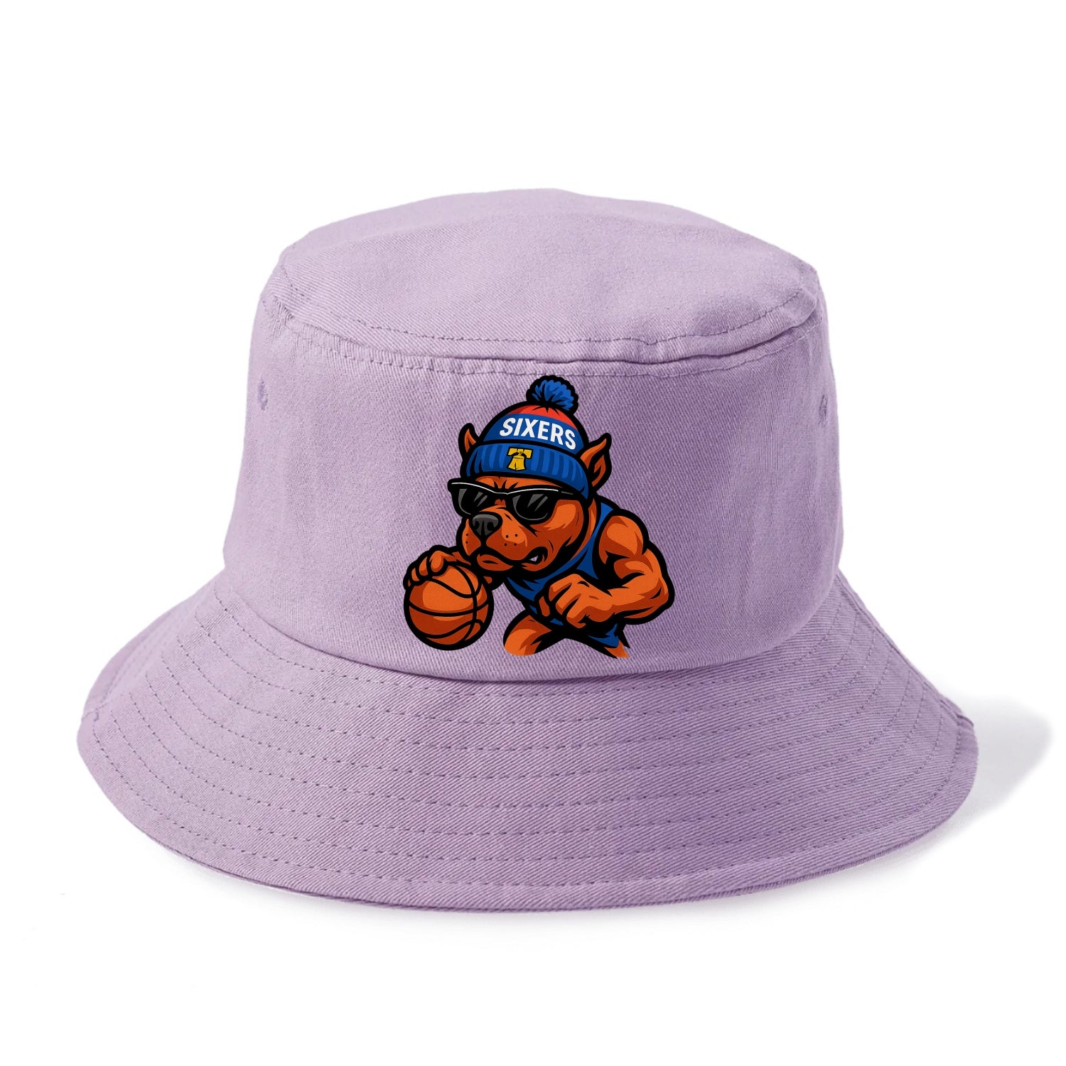 Philly Pitbull wearing Sixers beanie with Liberty Bell and wayfarer sunglasses - Bucket Hat - Purple