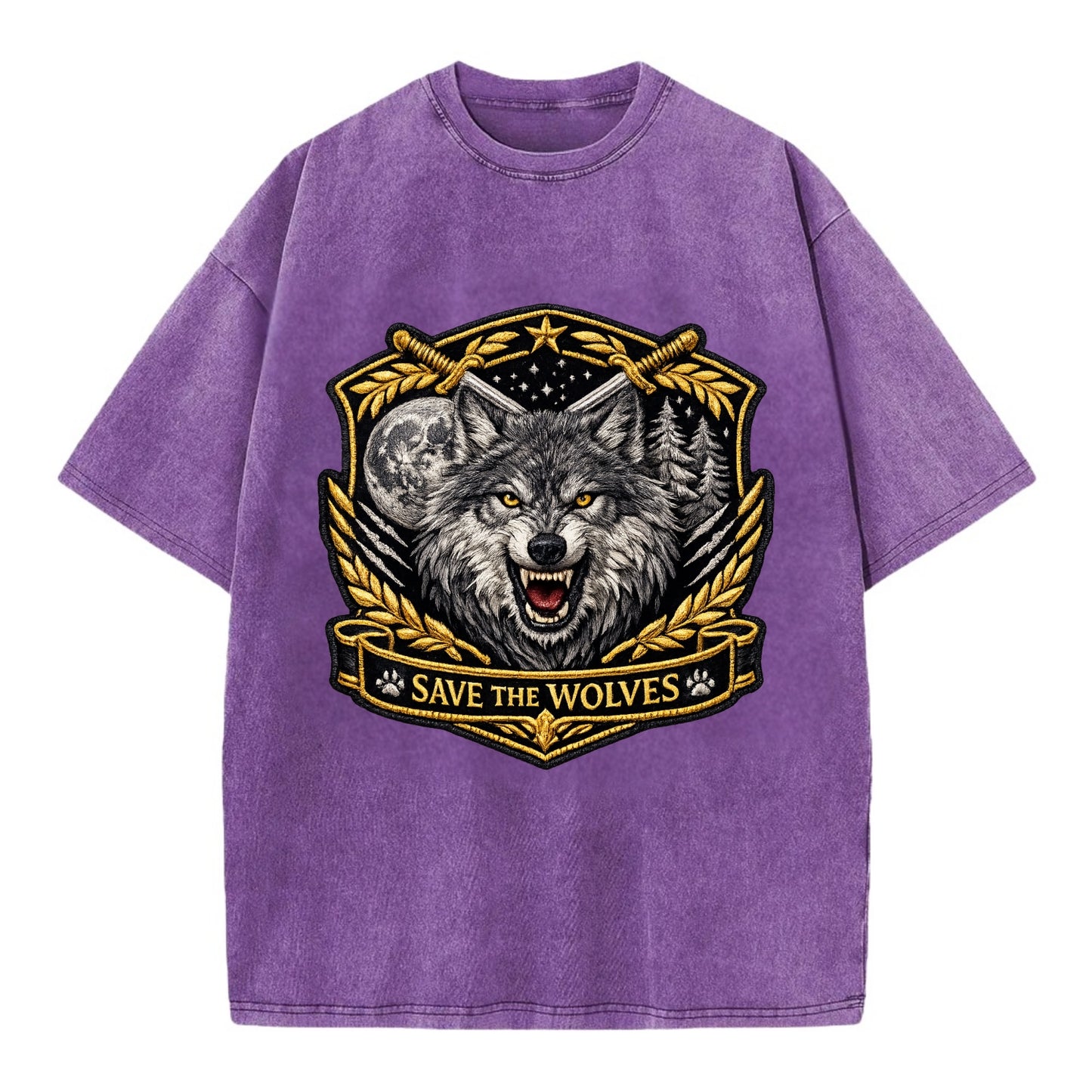 SAVE THE WOLVES - wolf moon in gray , predator protection - Vintage T-shirt - Purple