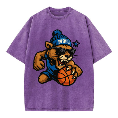 Florida Panther wearing Magic beanie with star wand patch and wayfarer sunglasses - Vintage T-shirt - Purple