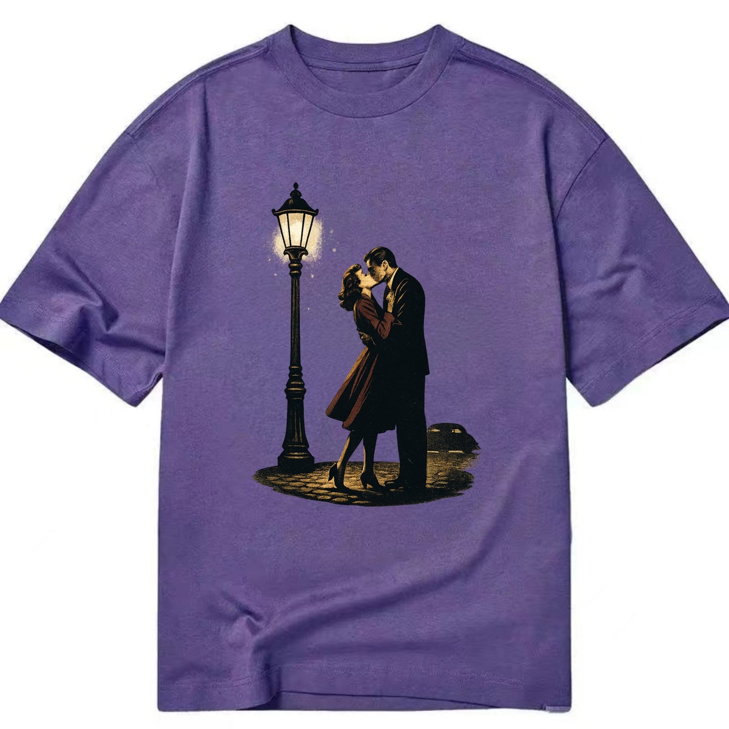 first kiss under vintage street lamp on cobblestone at night - Classic T-shirt - Purple