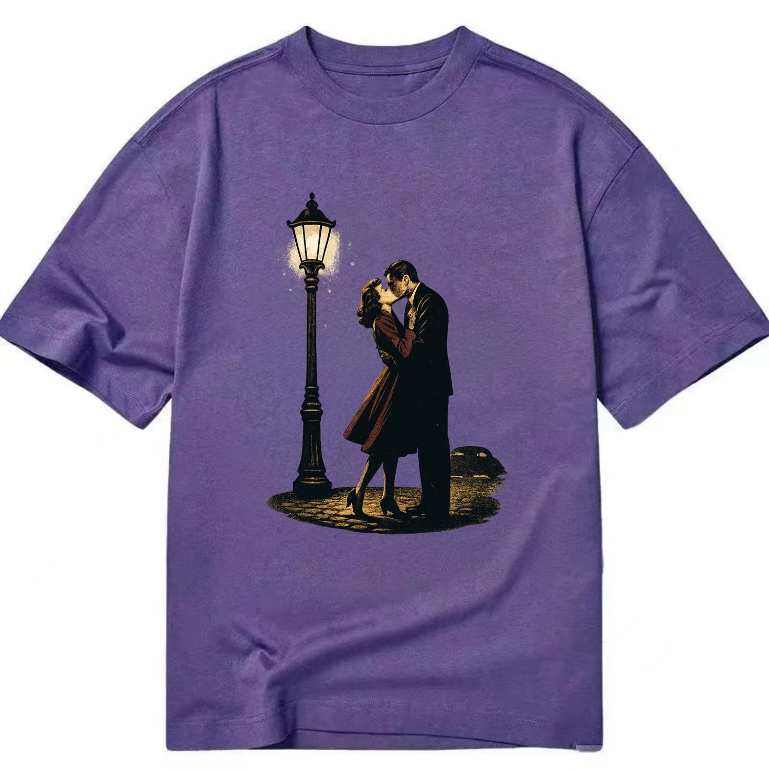 first kiss under vintage street lamp on cobblestone at night - Classic T-shirt - Purple
