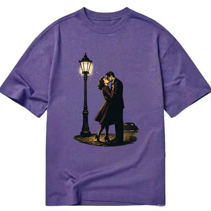 first kiss under vintage street lamp on cobblestone at night - Classic T-shirt - Purple