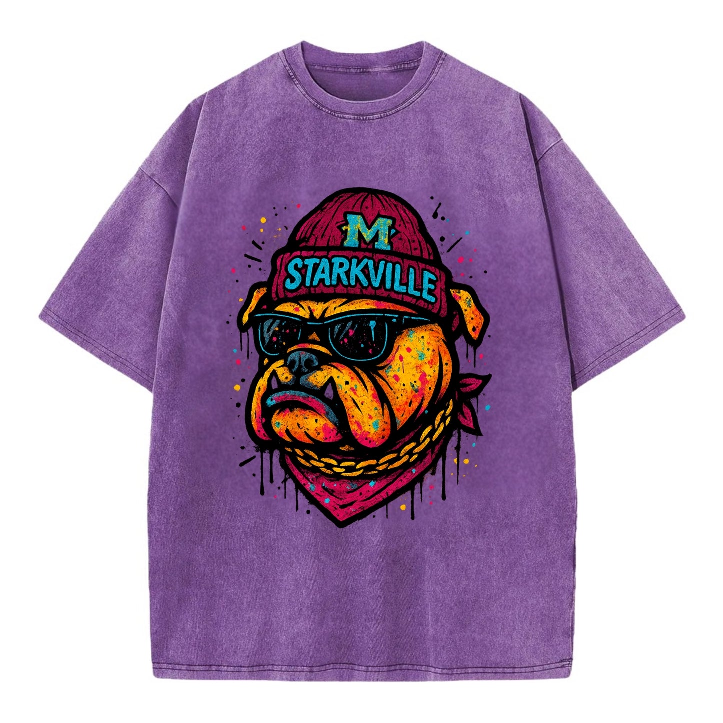 Starkville Bulldog wearing Mississippi State beanie with M patch - Vintage T-shirt - Purple