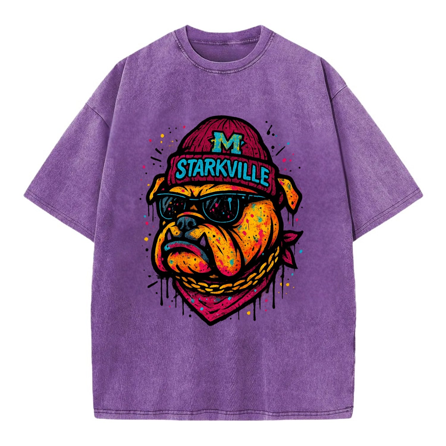 Starkville Bulldog wearing Mississippi State beanie with M patch - Vintage T-shirt - Purple