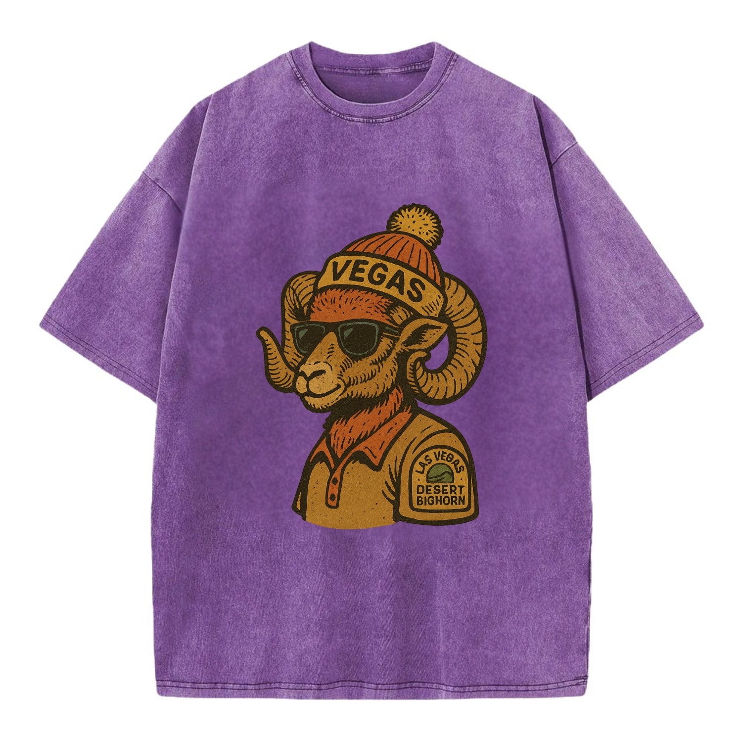 Las Vegas Desert Bighorn wearing Vegas beanie with pom pom and wayfarer sunglasses - Vintage T-shirt - Purple