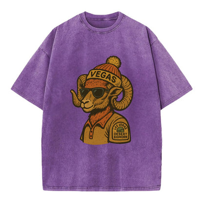 Las Vegas Desert Bighorn wearing Vegas beanie with pom pom and wayfarer sunglasses - Vintage T-shirt - Purple