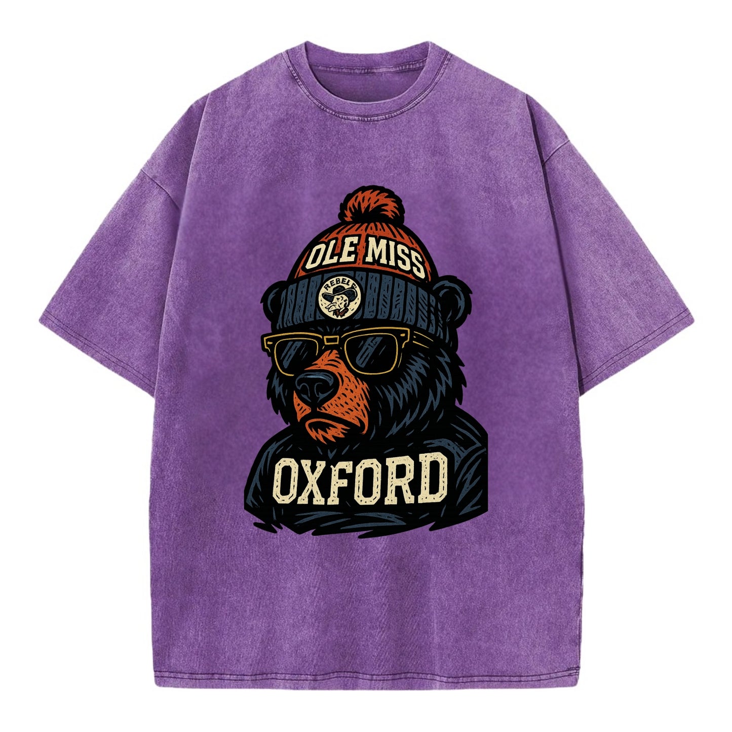 Oxford Black Bear wearing Ole Miss beanie with rebel patch - Vintage T-shirt - Purple