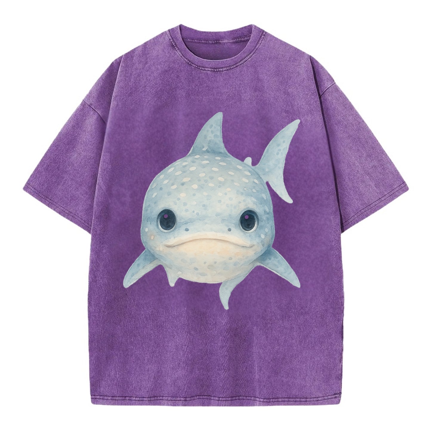 Baby Whale Shark - spotted blue-gray, wide mouth closed, tiny eyes, front-facing, - Vintage T-shirt - Purple