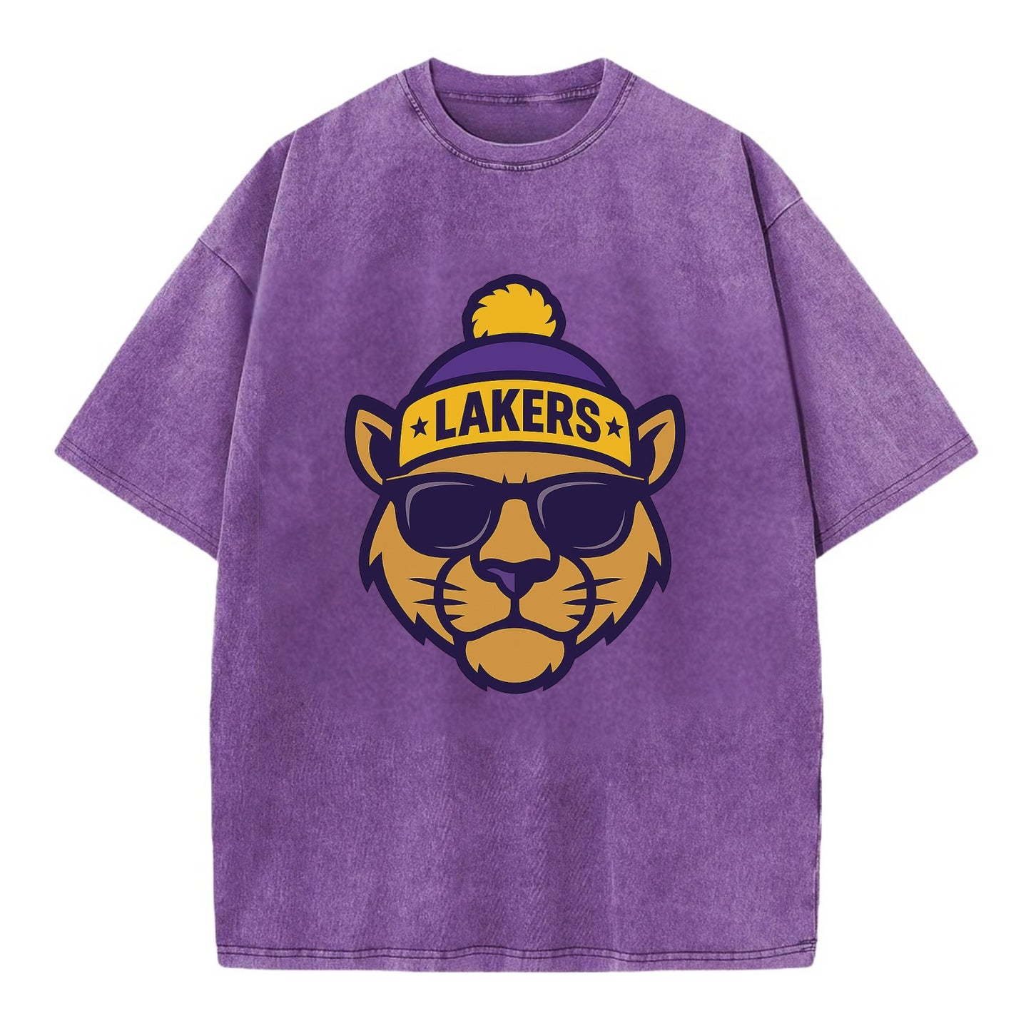 LA Mountain Lion wearing Lakers purple and gold beanie with championship stars - Vintage T-shirt - Purple