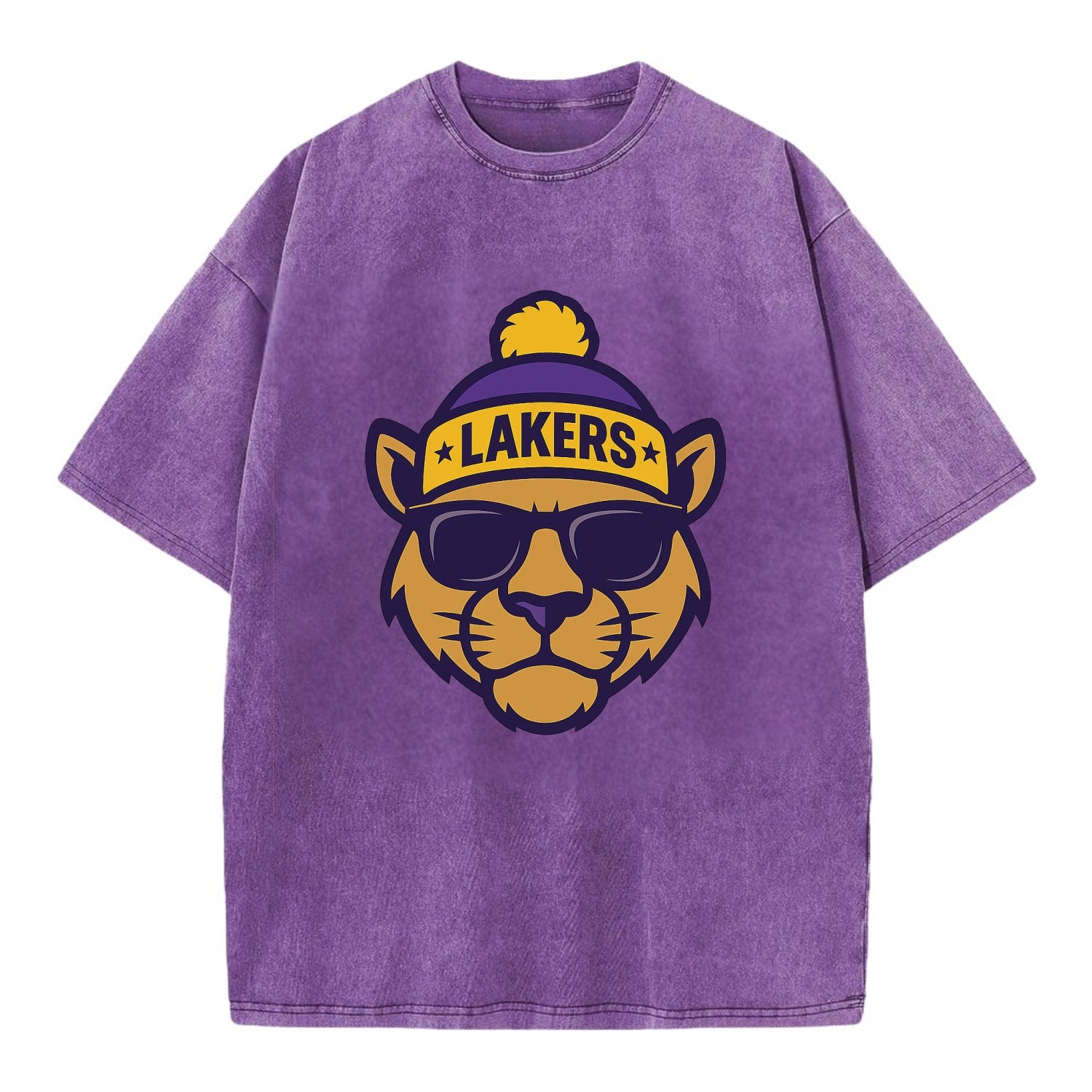 LA Mountain Lion wearing Lakers purple and gold beanie with championship stars - Vintage T-shirt - Purple