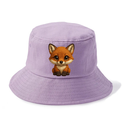 Baby Red Fox - russet fur, white chest, big amber eyes, perky ears, front-facing, - Bucket Hat - Purple