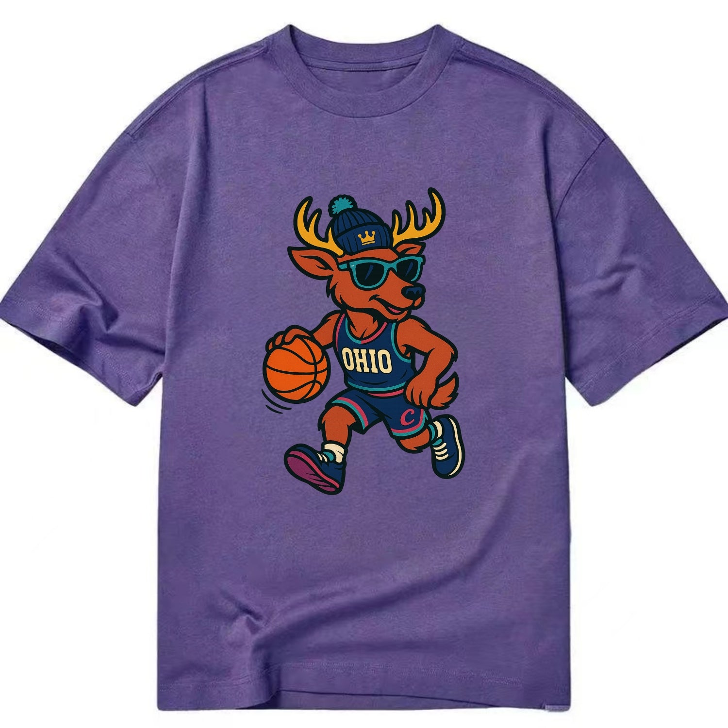 Ohio Deer wearing Cavs beanie with crown patch and wayfarer sunglasses - Classic T-shirt - Purple
