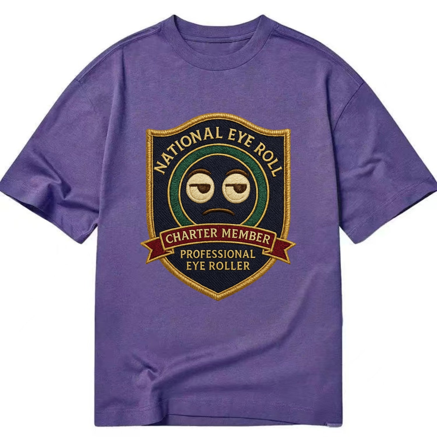 Crest with eye roll icon - "National Eye Roll Association - Charter Member" - - Classic T-shirt - Purple
