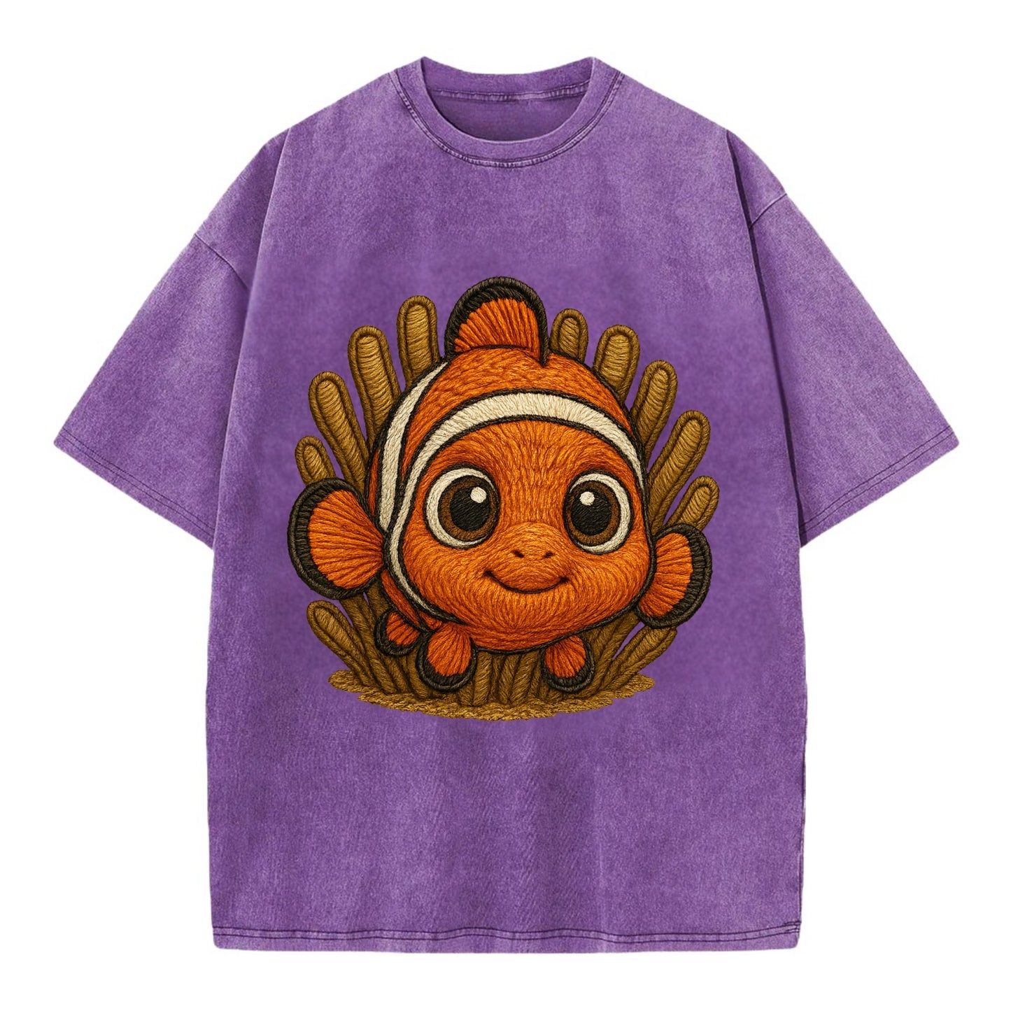 Baby Clownfish - orange with white stripes, big round eyes, front-facing in - Vintage T-shirt - Purple