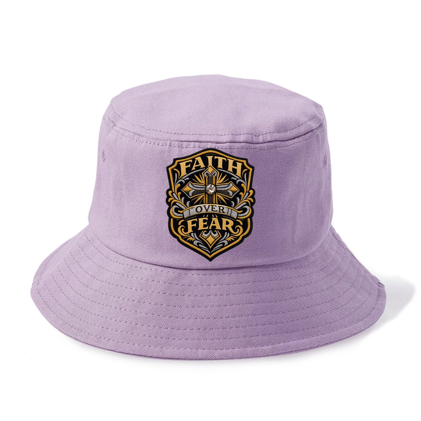 FAITH OVER FEAR - cross with text in gold , spiritual strength - Bucket Hat - Purple