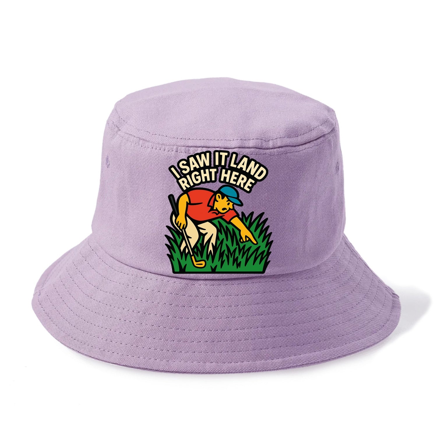 Golfer searching in deep rough - "I Saw It Land Right Here" - lost ball saga - Bucket Hat - Purple