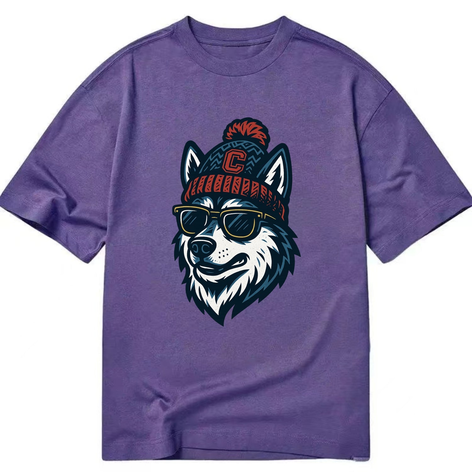 Storrs Husky wearing UConn beanie with C patch - Classic T-shirt - Purple