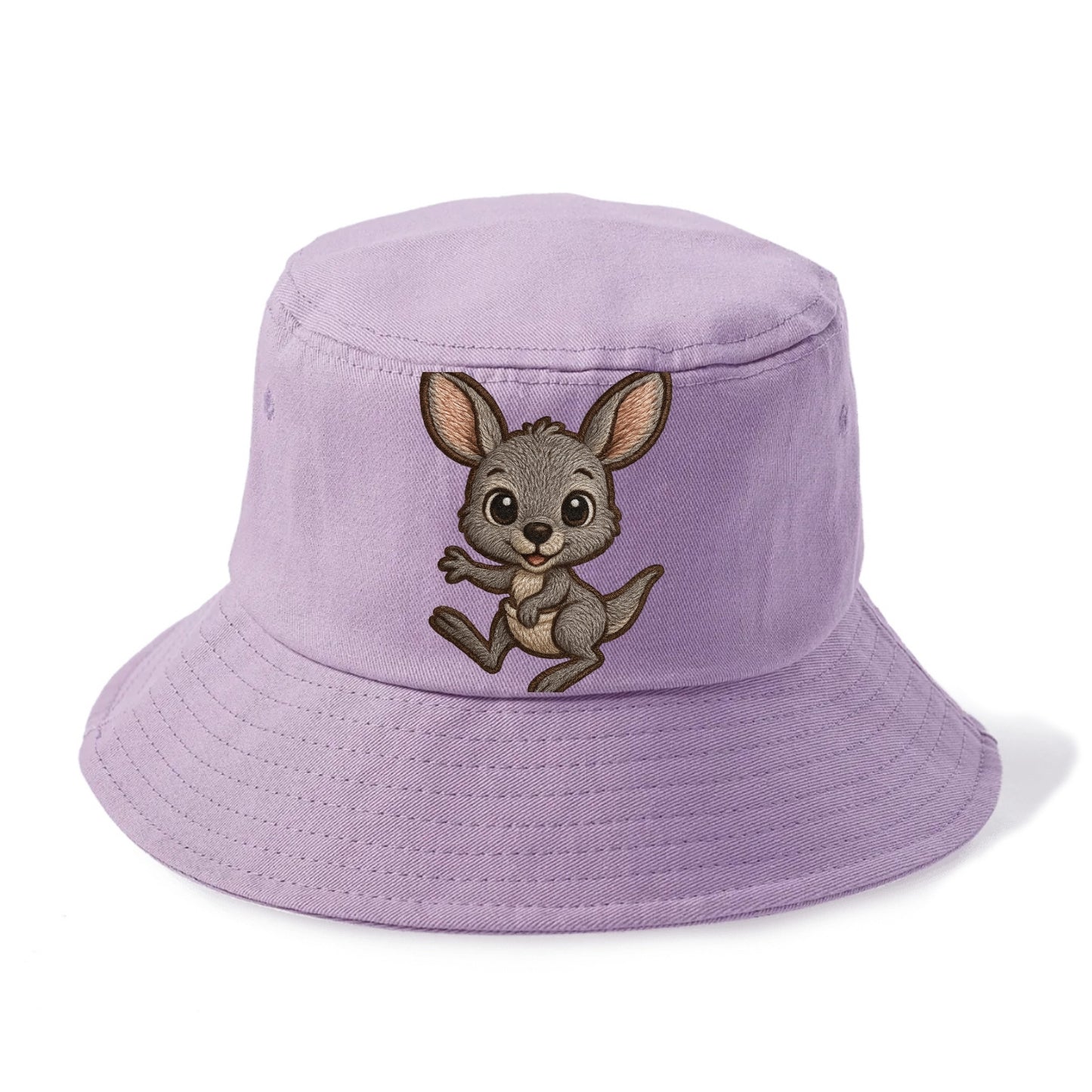 Baby Kangaroo Joey - gray fur, large ears, in pouch peek, bright eyes, front-facing, - Bucket Hat - Purple