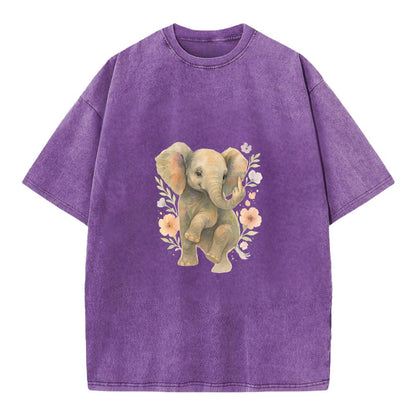 baby elephant with trunk up, one foot raised with middle toe extended - Vintage T-shirt - Purple