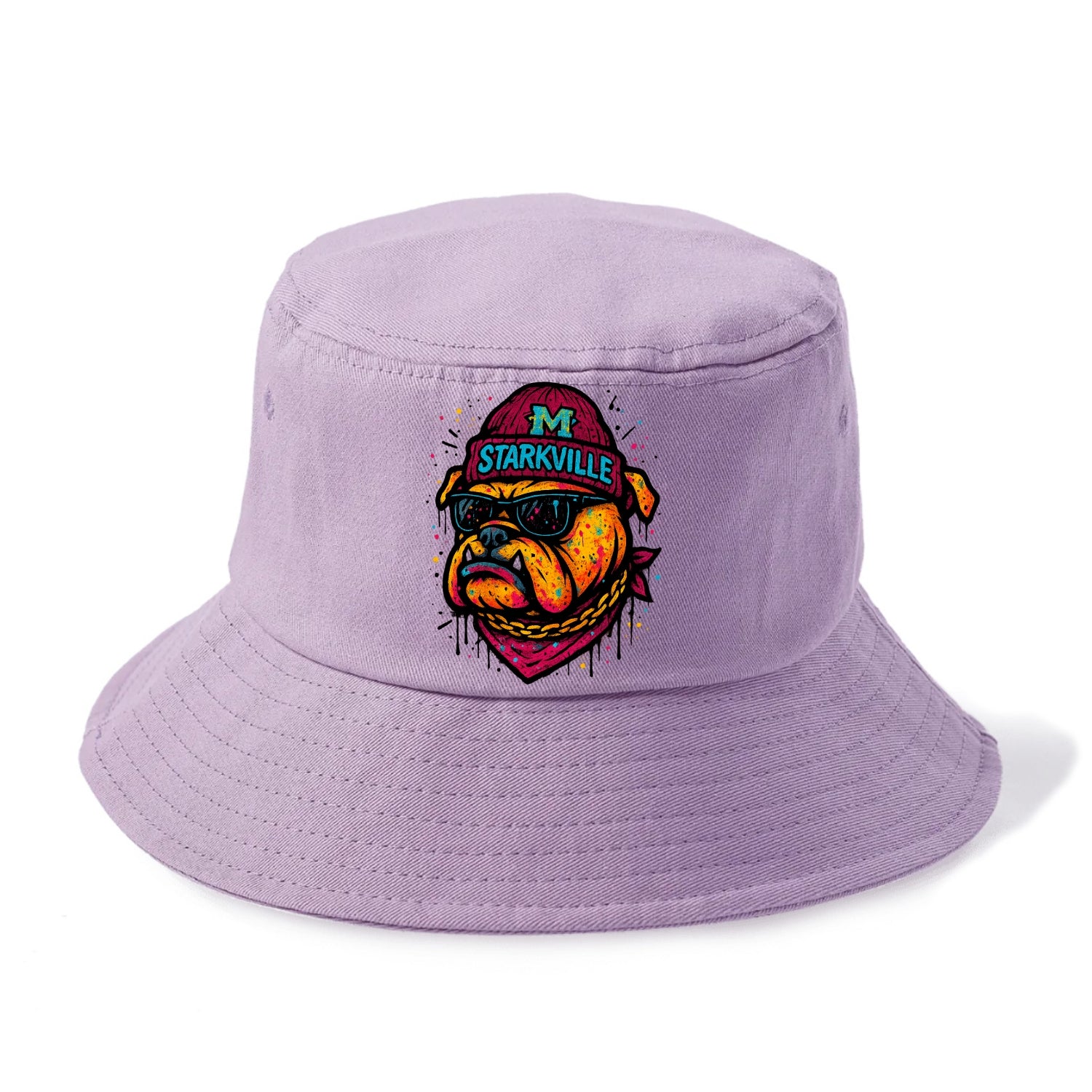 Starkville Bulldog wearing Mississippi State beanie with M patch - Bucket Hat - Purple