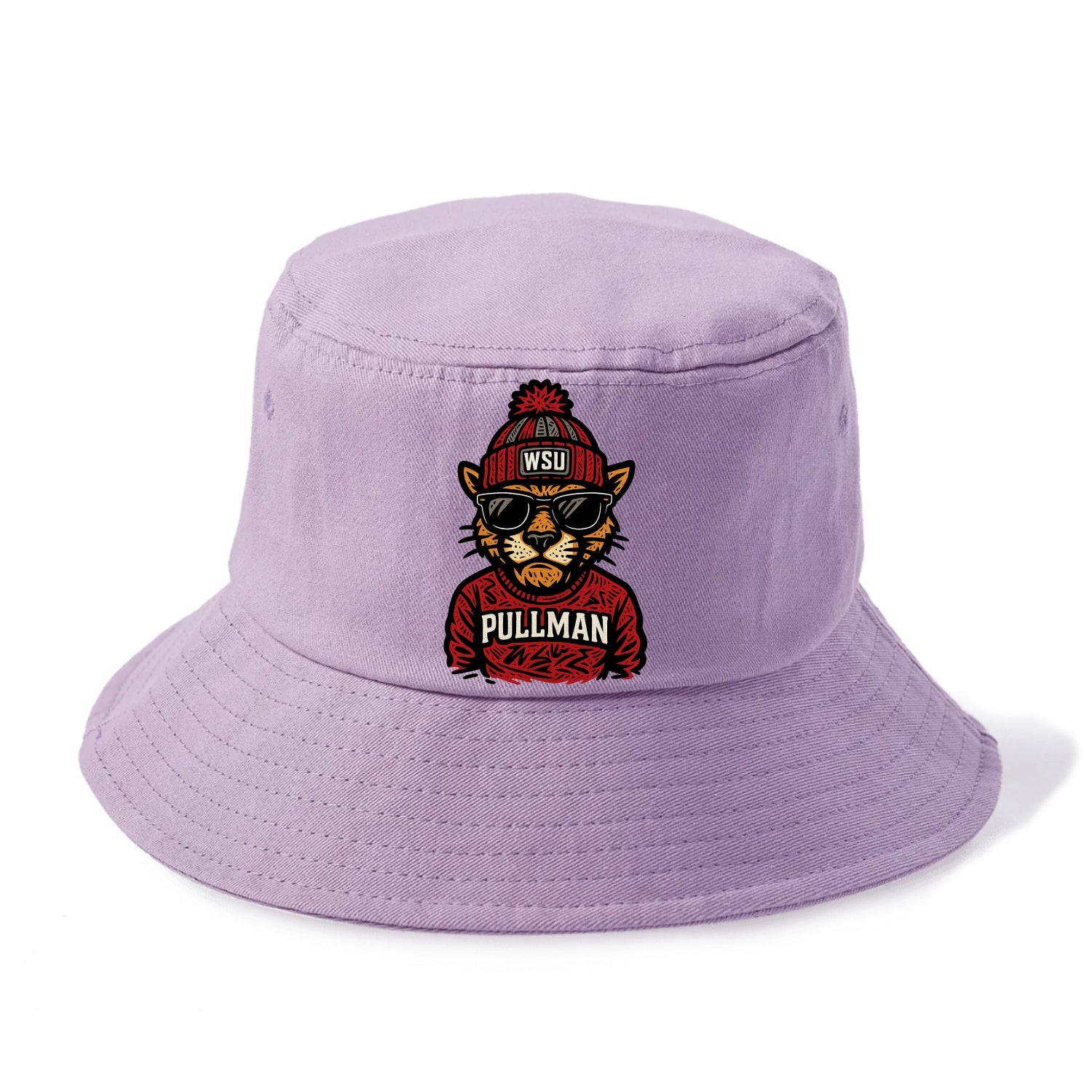 Pullman Cougar wearing Washington State beanie with WSU patch - Bucket Hat - Purple