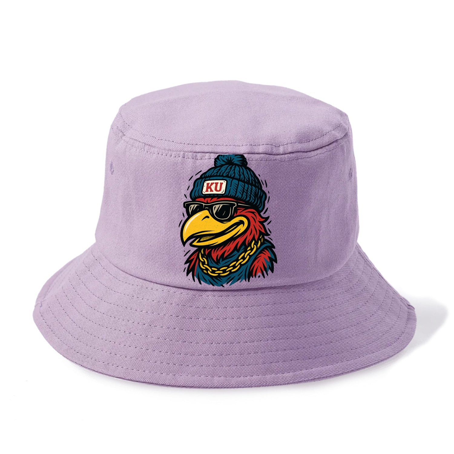 Lawrence Jayhawk wearing Kansas beanie with KU patch - Bucket Hat - Purple