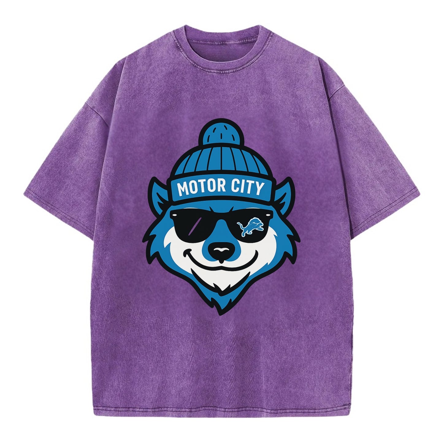 Motor City Wolverine wearing Lions beanie with gear patch and wayfarer sunglasses - Vintage T-shirt - Purple