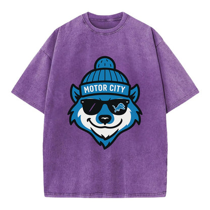 Motor City Wolverine wearing Lions beanie with gear patch and wayfarer sunglasses - Vintage T-shirt - Purple