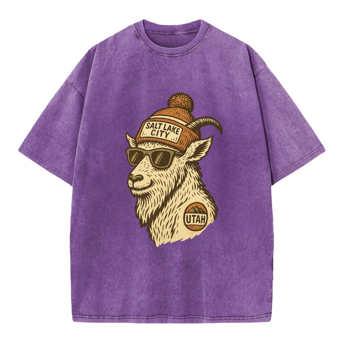 Utah Mountain Goat wearing Salt Lake City beanie with pom pom and wayfarer - Vintage T-shirt - Purple