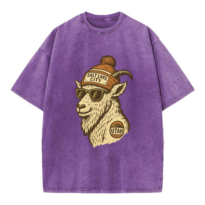 Utah Mountain Goat wearing Salt Lake City beanie with pom pom and wayfarer - Vintage T-shirt - Purple