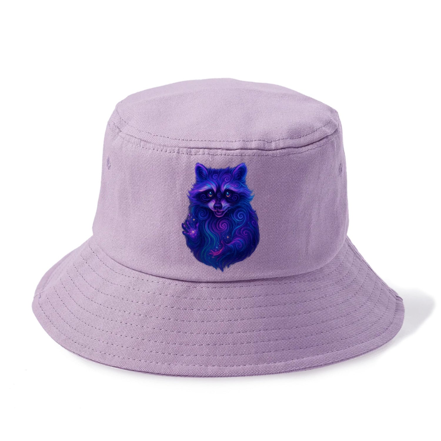 Playful raccoon with mask swirling in hypnotic patterns, neon purple and green fur - Bucket Hat - Purple
