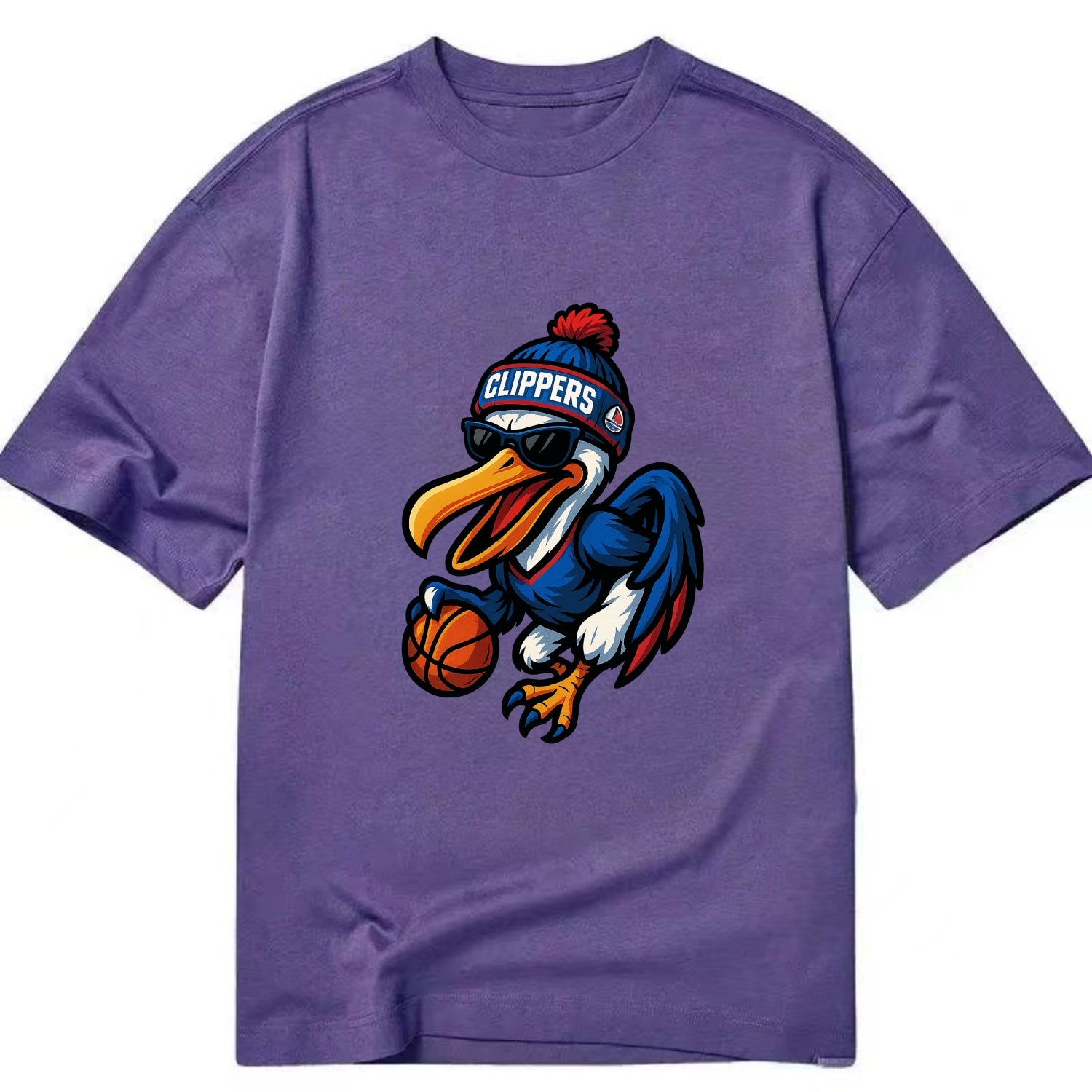 Los Angeles Pelican wearing Clippers beanie with sailboat patch and wayfarer - Classic T-shirt - Purple