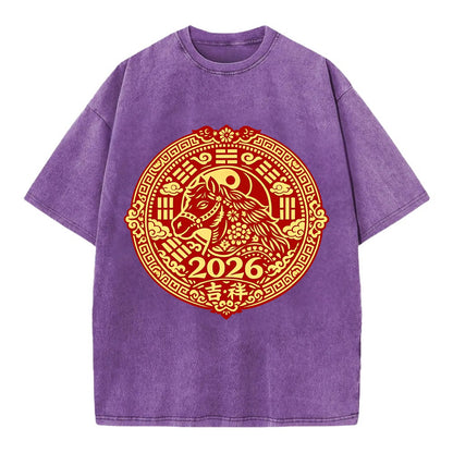 LUCKY HORSE MEDALLION | Circular medallion with horse profile | Intricate Chinese - Vintage T-shirt - Purple
