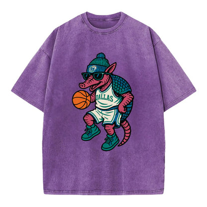 Dallas Armadillo wearing Mavericks beanie with cowboy hat patch and wayfarer - Vintage T-shirt - Purple
