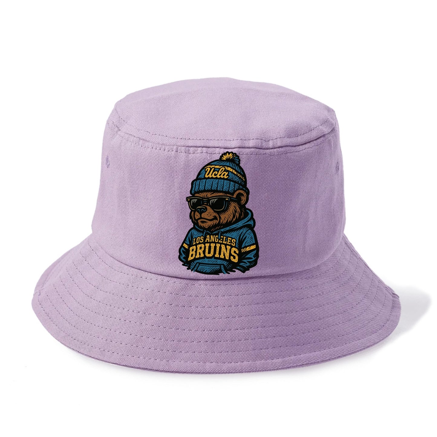 Los Angeles Bruin wearing UCLA beanie with script patch - Bucket Hat - Purple