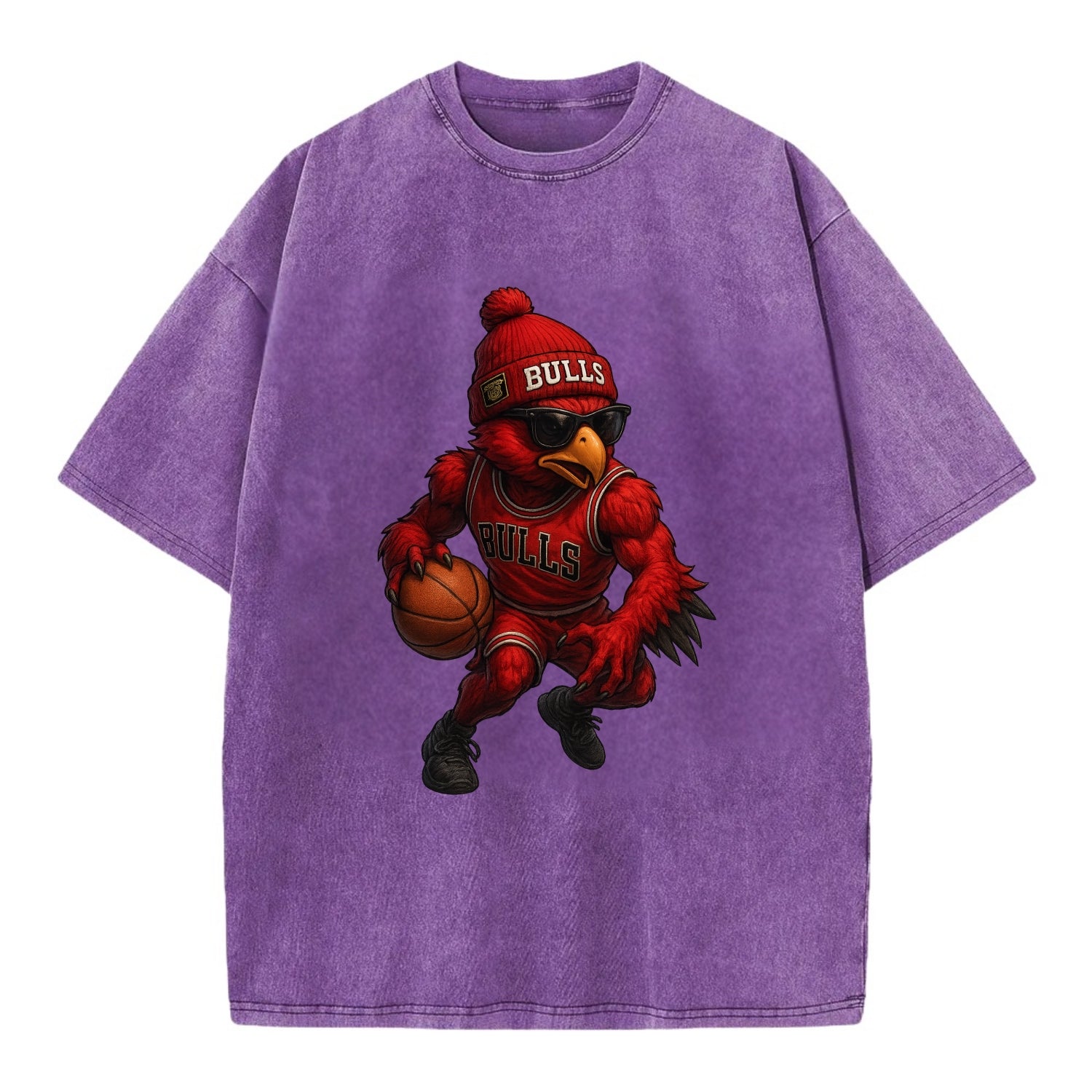 Windy City Hawk wearing Bulls beanie with six rings patch and wayfarer sunglasses - Vintage T-shirt - Purple