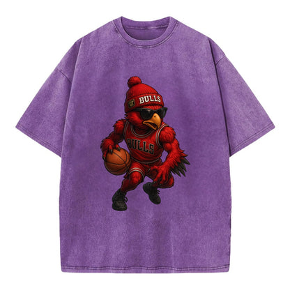 Windy City Hawk wearing Bulls beanie with six rings patch and wayfarer sunglasses - Vintage T-shirt - Purple